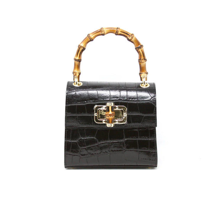 Black genuine leather top handle purse with croc texture and bamboo clasp