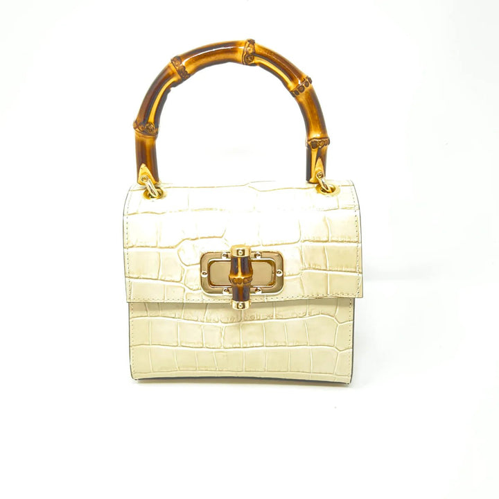 Ivory croc-embossed leather handbag with natural bamboo handle