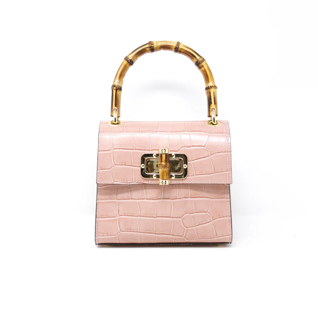 Blush pink croc leather mini handbag with bamboo top handle