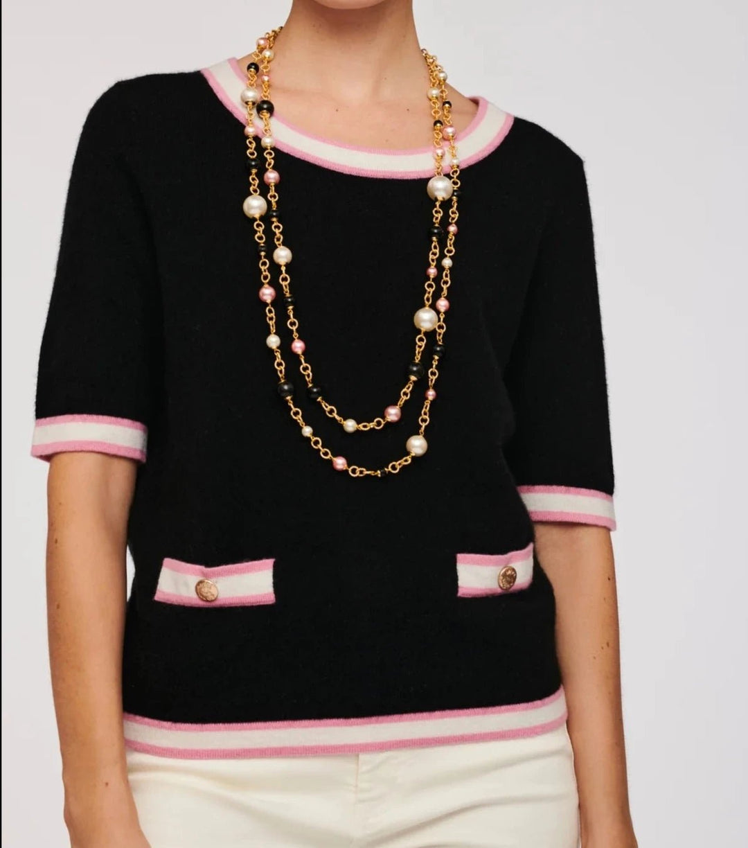 Double long pearl necklace with gold-tone chain and mixed beads