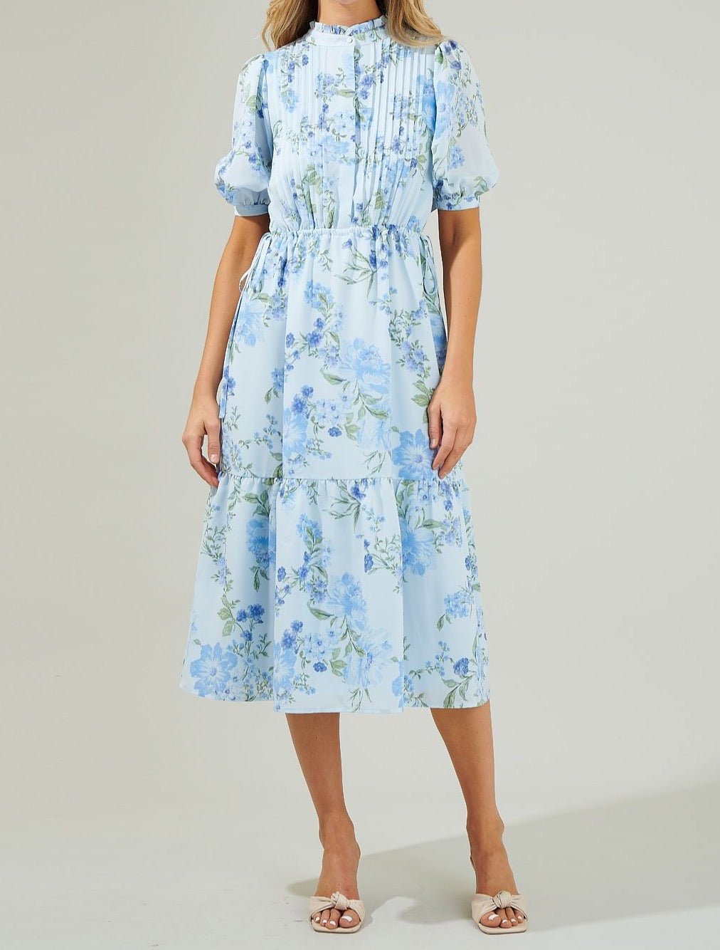 Dusty Floss Floral Pleated Midi Dress - BTK COLLECTIONS