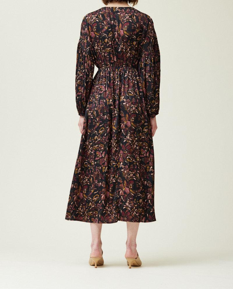 Back view of black floral printed satin midi dress