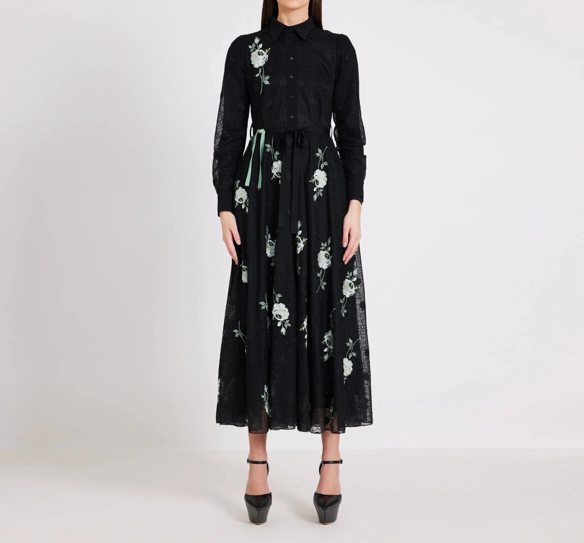 Green Flowers And Circles Embroidery Midi Dress - BTK COLLECTIONS