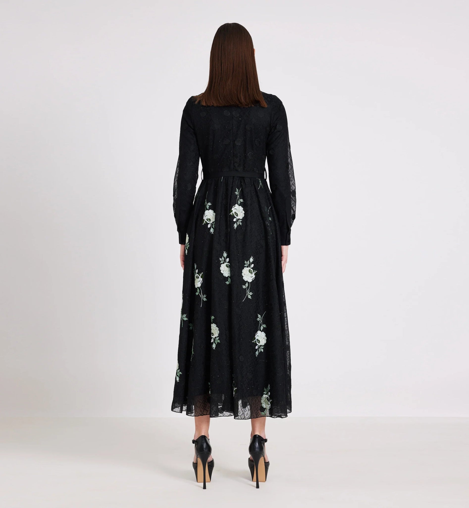 Green Flowers And Circles Embroidery Midi Dress - BTK COLLECTIONS