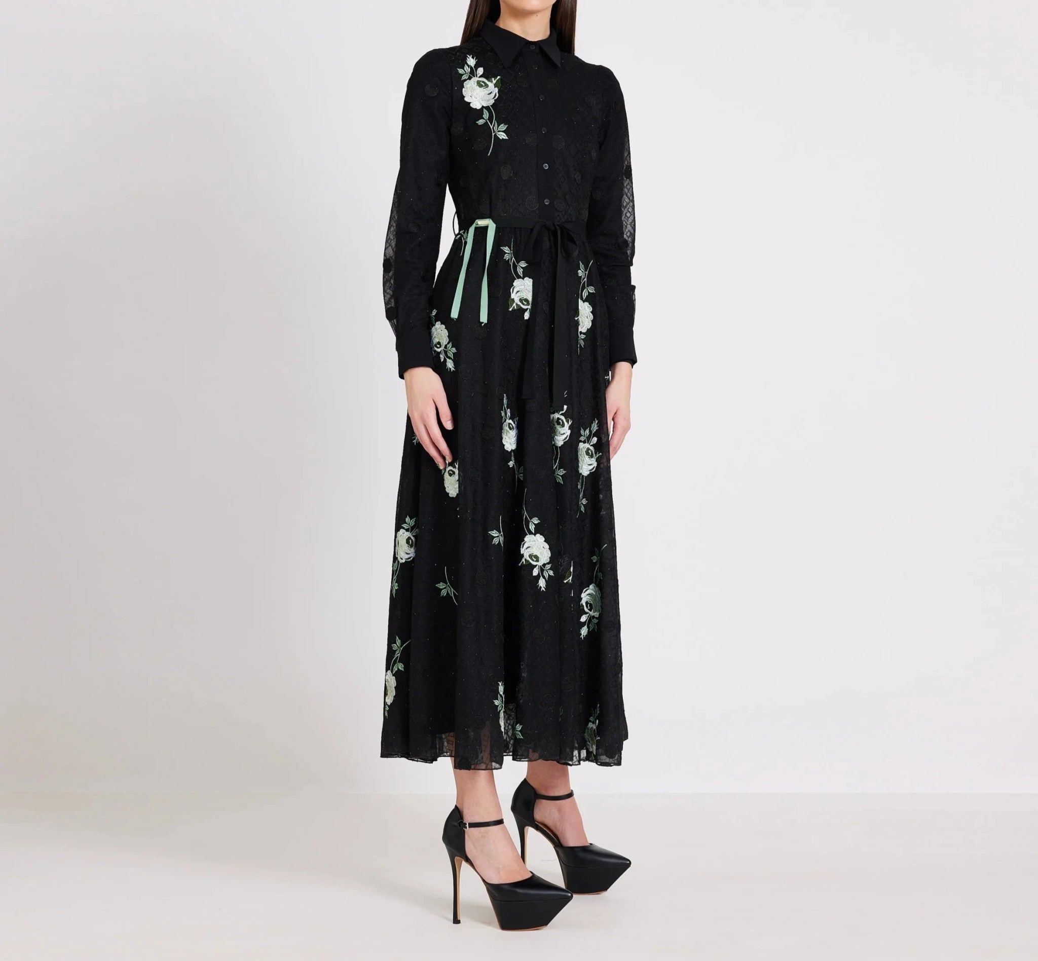 Green Flowers And Circles Embroidery Midi Dress - BTK COLLECTIONS