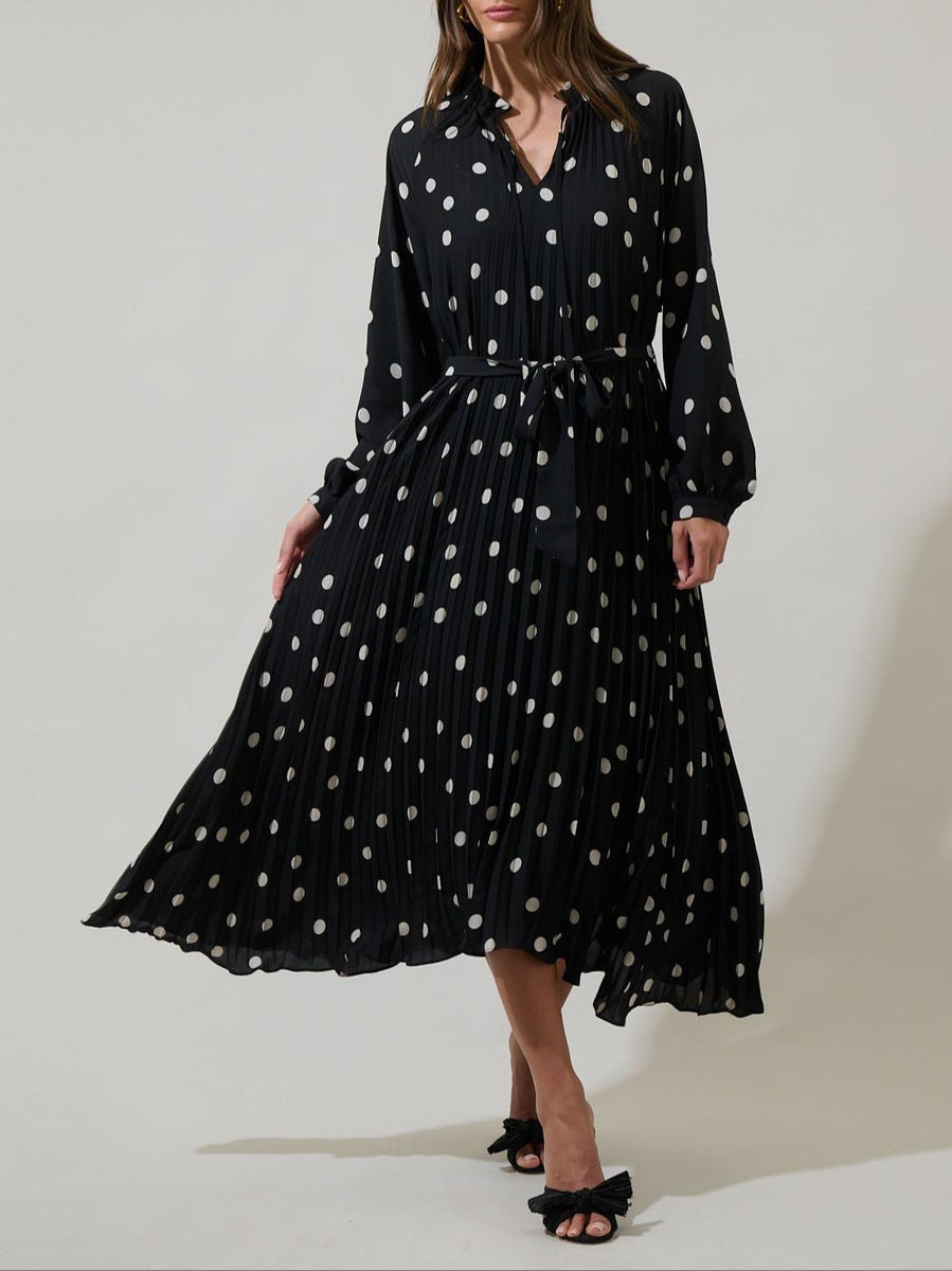 Kaline Polka Dot Marisa Pleated Midi Dress IVORY-BLACK-DOT / XL by Sugarlips