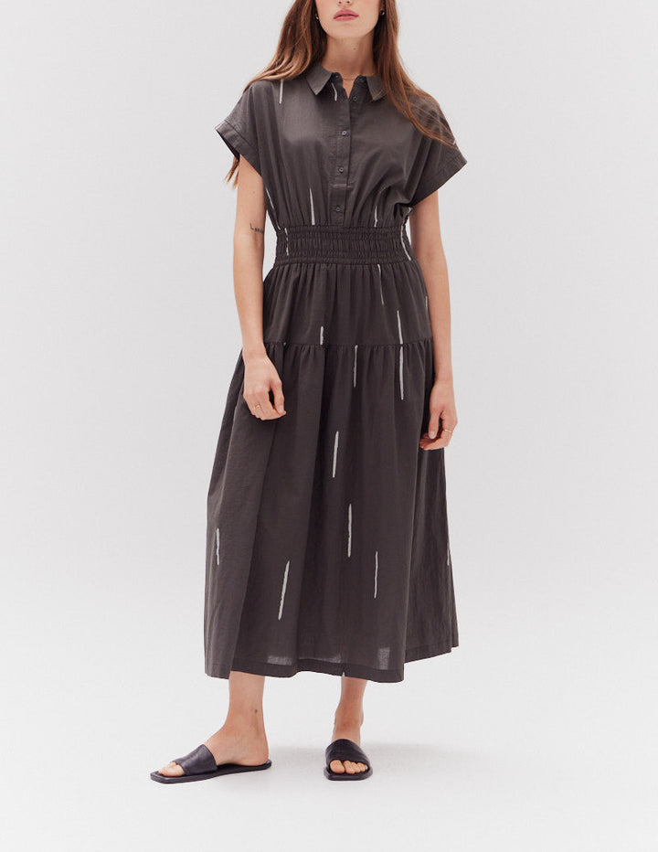 Front view of a woman wearing Grade & Gather Kombu Cotton Print Shirt Dress with cap sleeves and tiered skirt