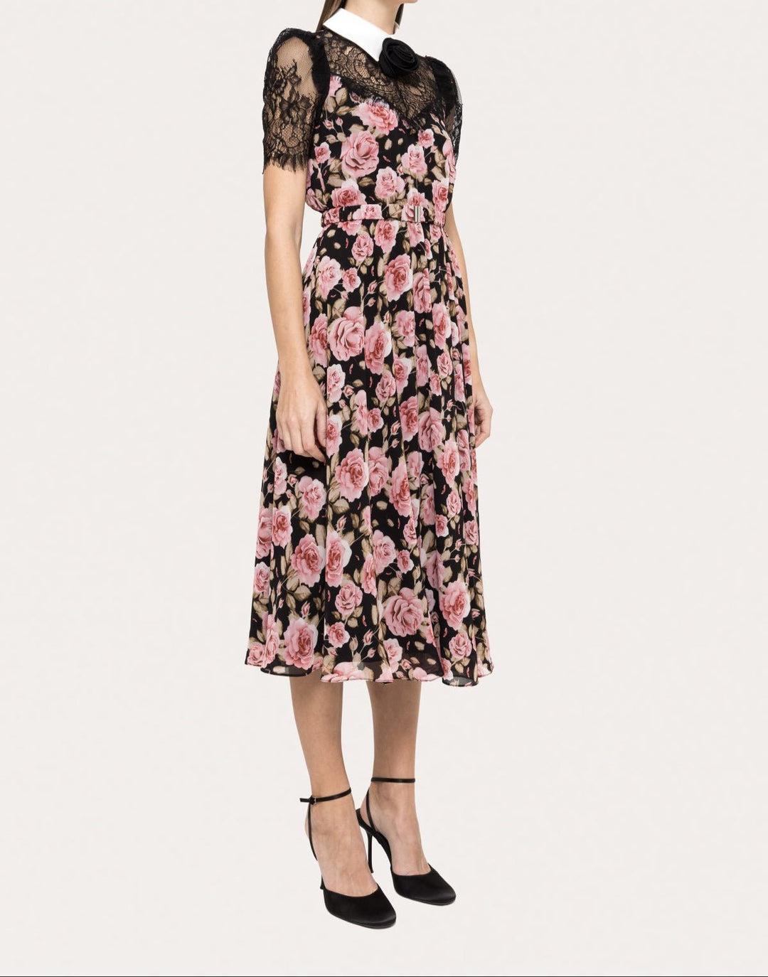 Side angle of vintage-inspired floral midi dress with lace sleeves, belted waist, and white pointed collar - BTK COLLECTIONS