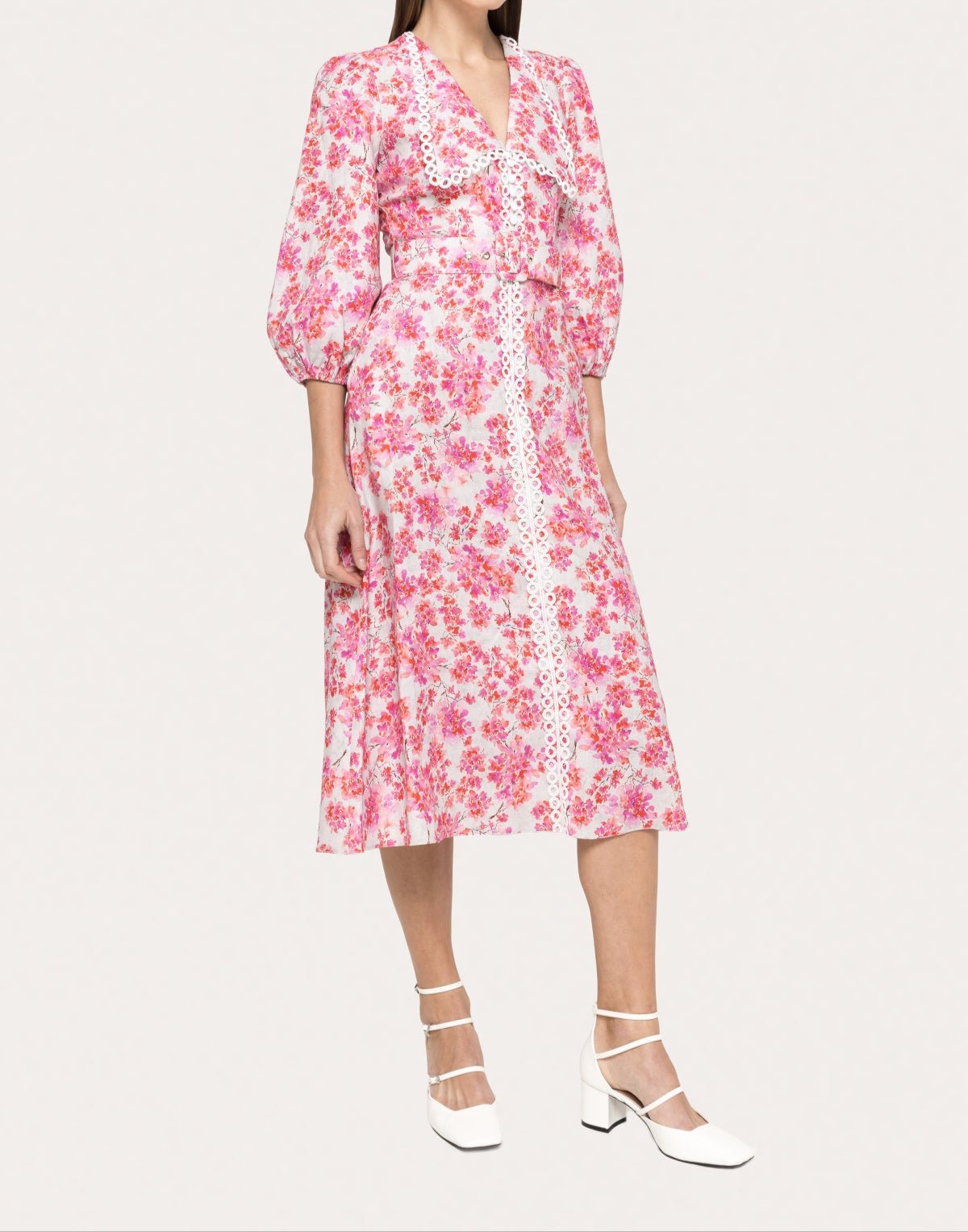 Side angle of pink floral lace-trimmed midi dress featuring puff sleeves and vintage-inspired collar - BTK COLLECTIONS