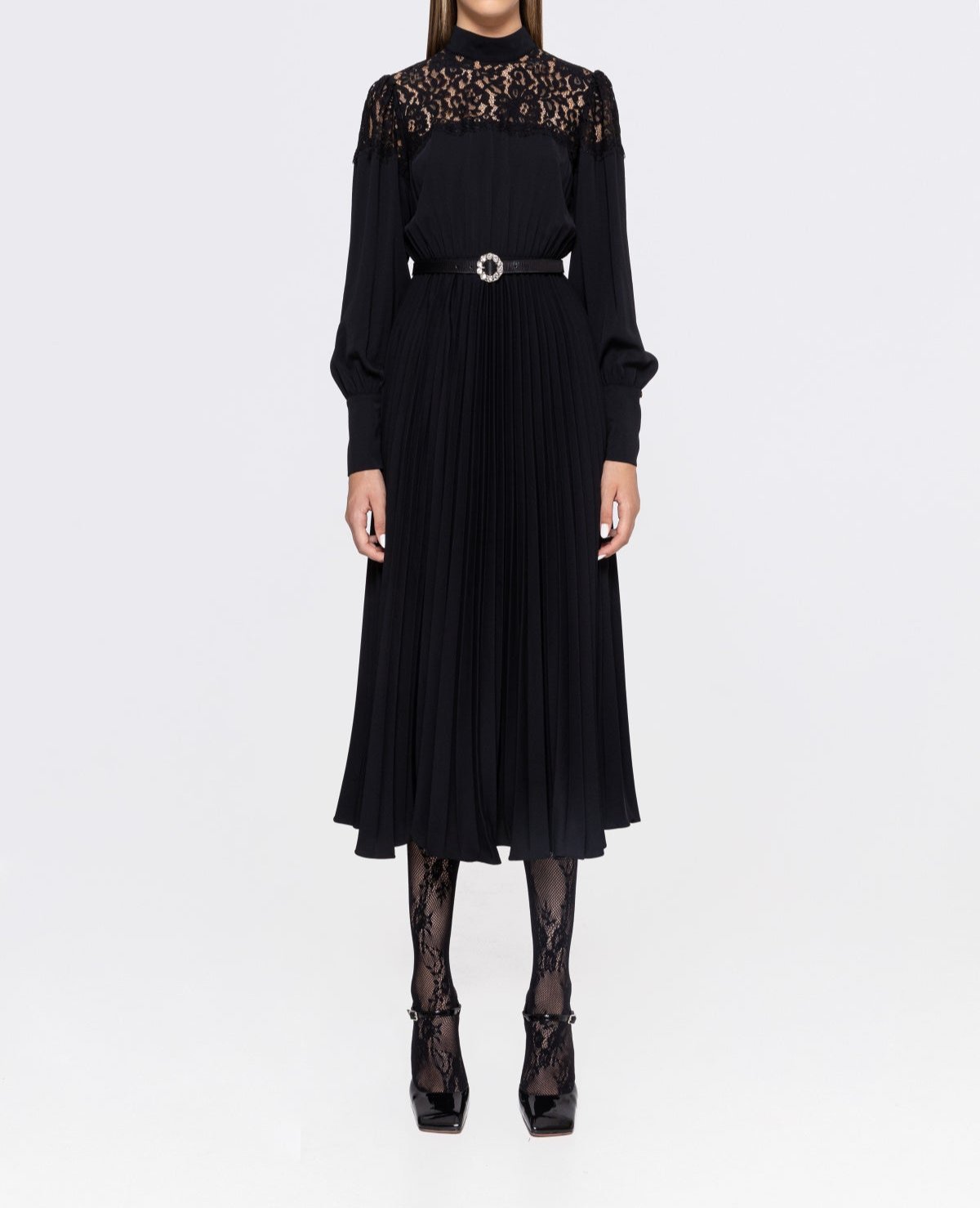 Lace Insert Pleated Midi Dress - BTK COLLECTIONS