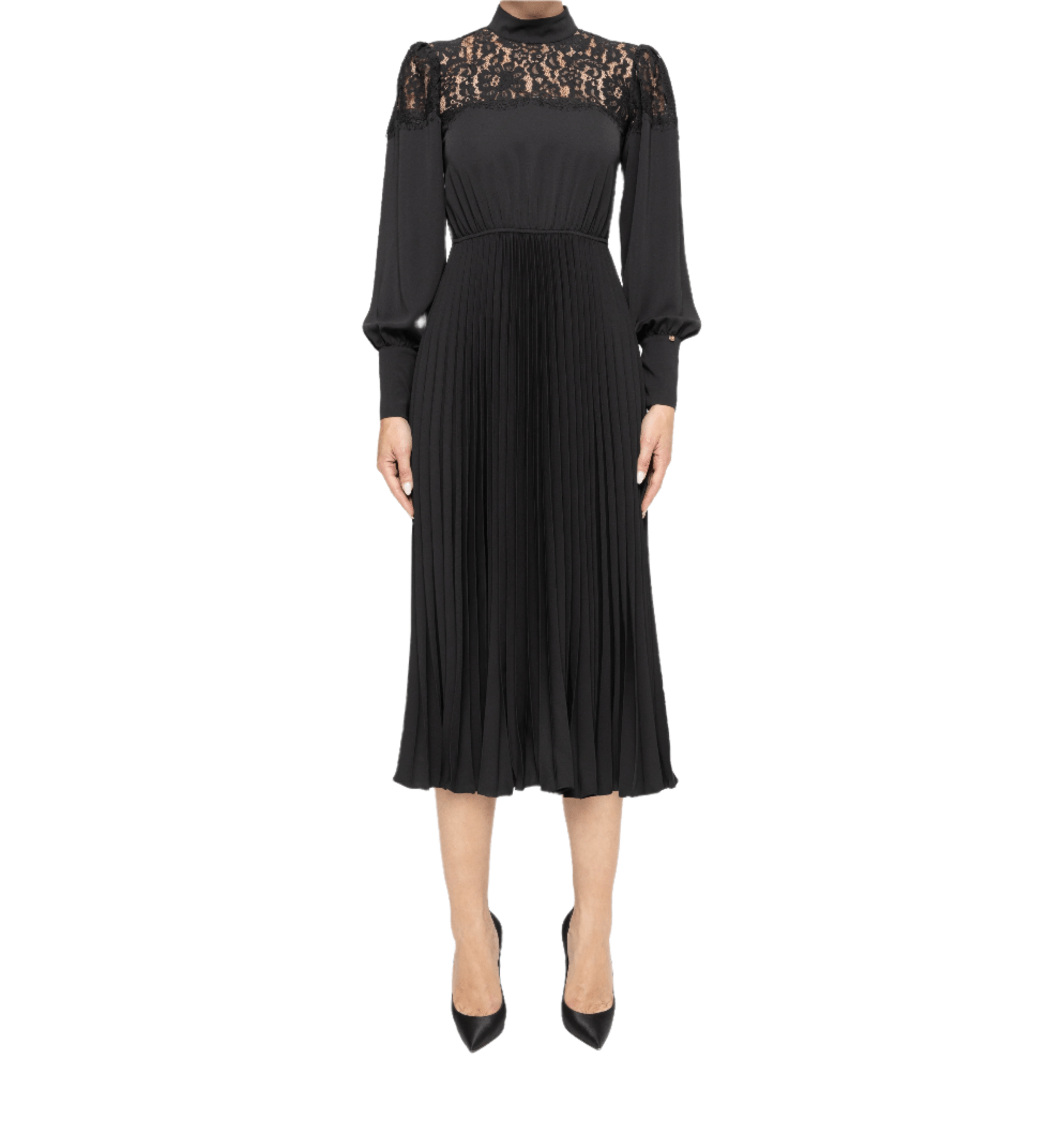 Lace Insert Pleated Midi Dress - BTK COLLECTIONS