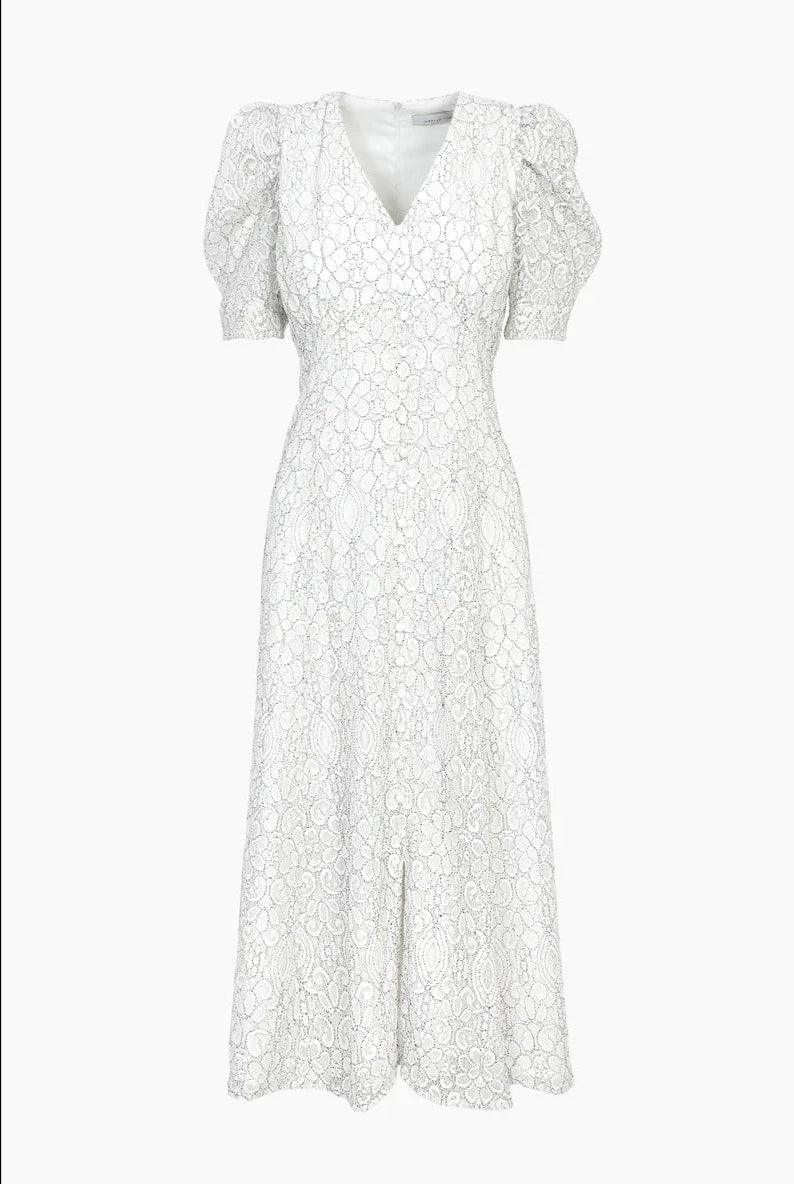 Lacey white lace puff sleeve midi dress with V-neck and contrast lace detail