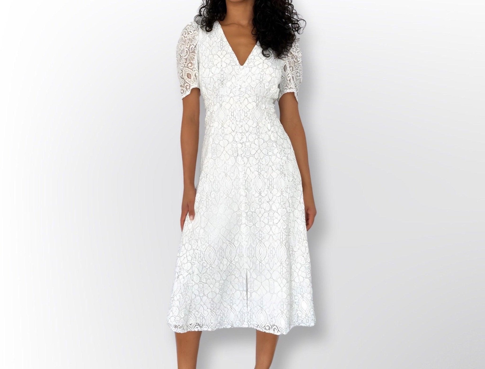 White lace puff sleeve midi dress front view