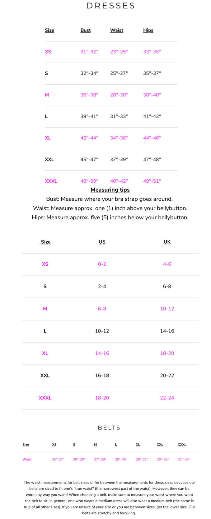Meghan LA Size chart