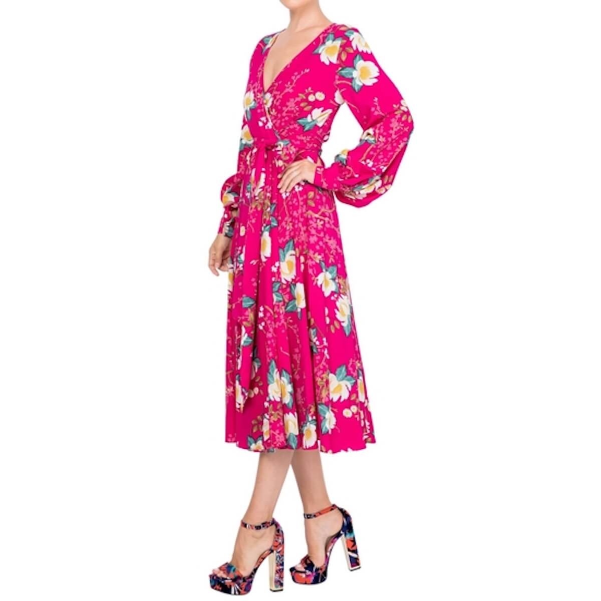Close-up of cranberry floral print on LilyPad midi dress with romantic occasion styling