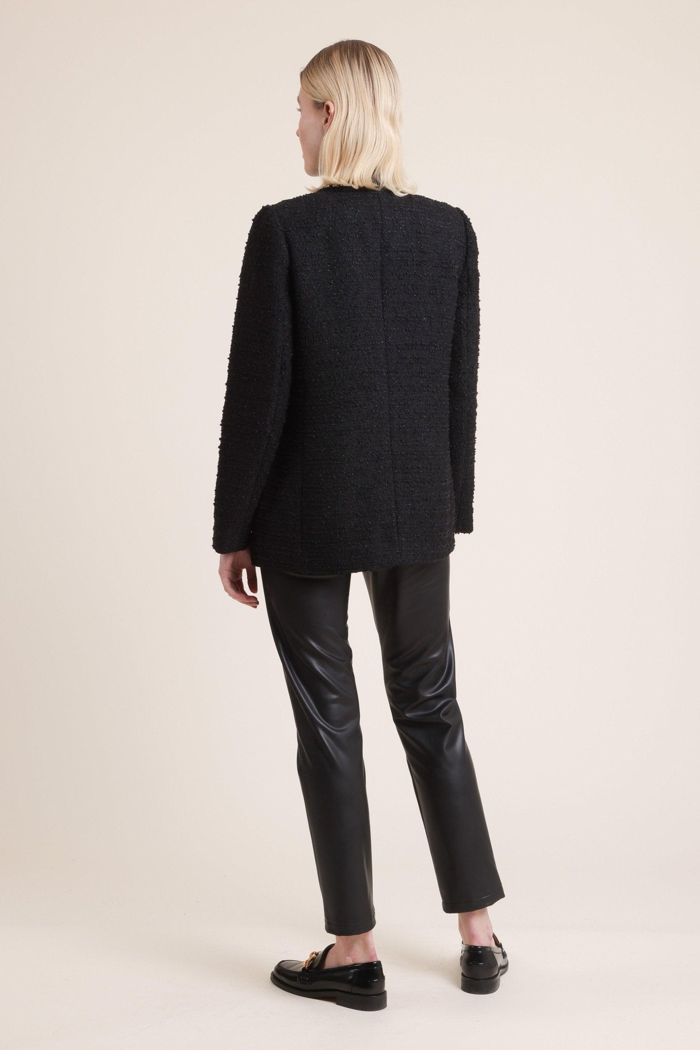 Long Sleeve Tweed Jacket With Chain Trim - BTK COLLECTIONS