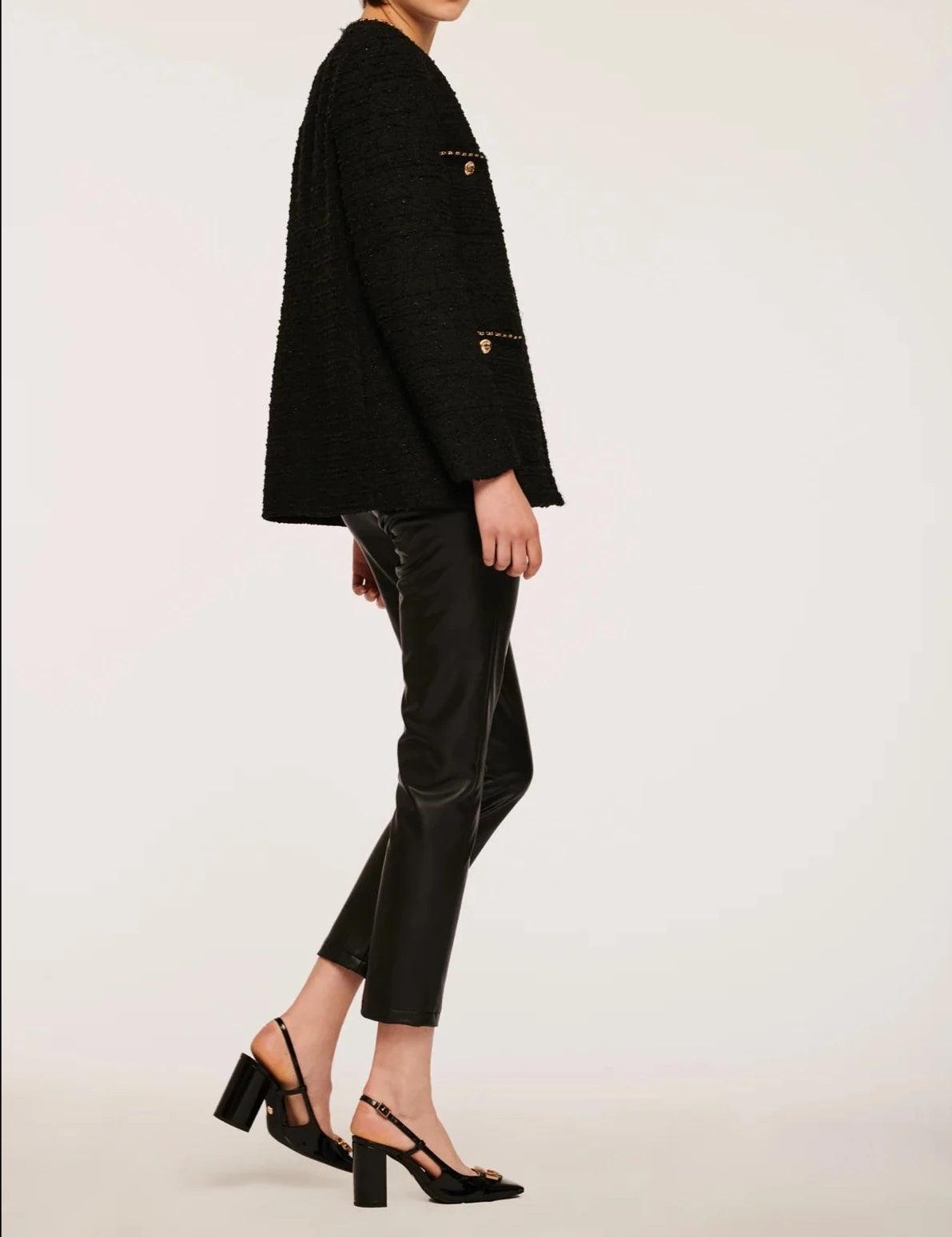 Long Sleeve Tweed Jacket With Chain Trim - BTK COLLECTIONS