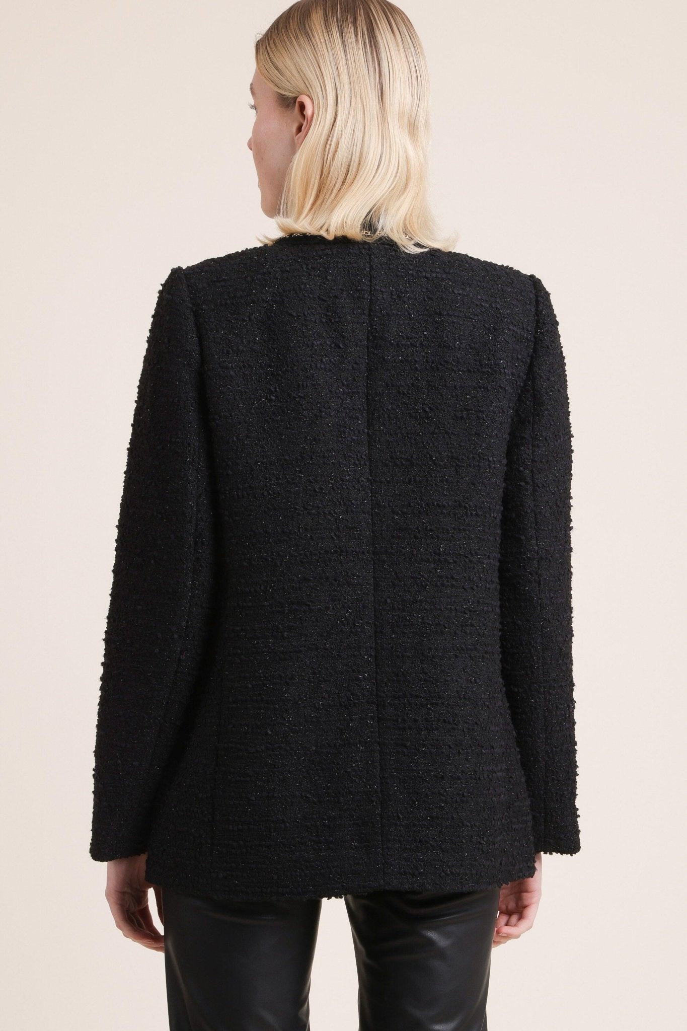 Long Sleeve Tweed Jacket With Chain Trim - BTK COLLECTIONS