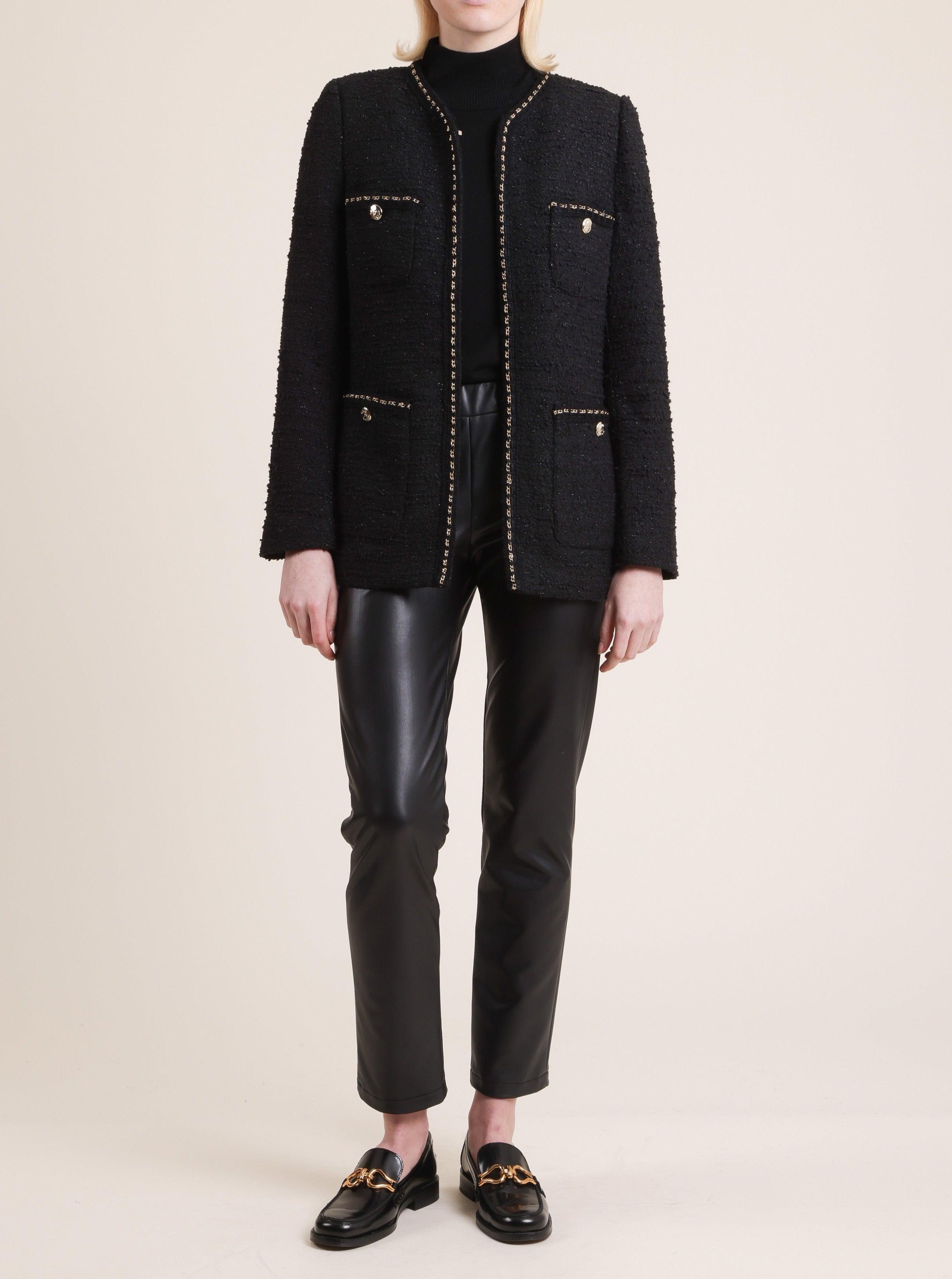 Long Sleeve Tweed Jacket With Chain Trim - BTK COLLECTION