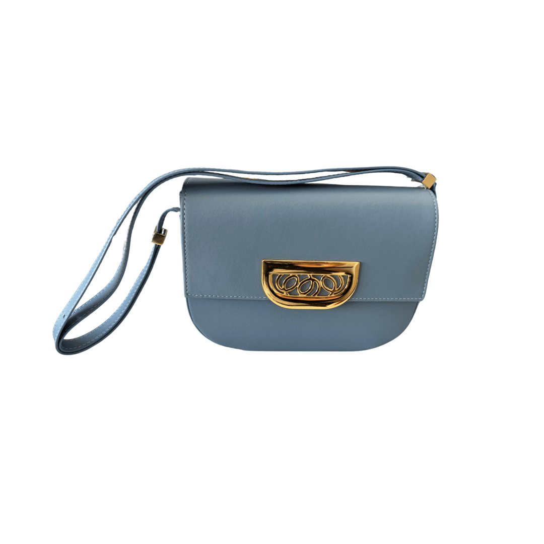 Sky blue calfskin leather handbag with curved base and gold tone designer clasp