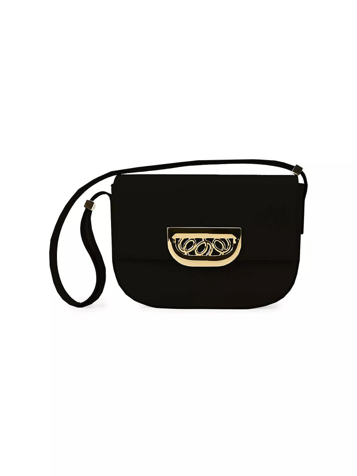 Black calfskin leather crossbody bag with sculpted gold hardware and adjustable strap