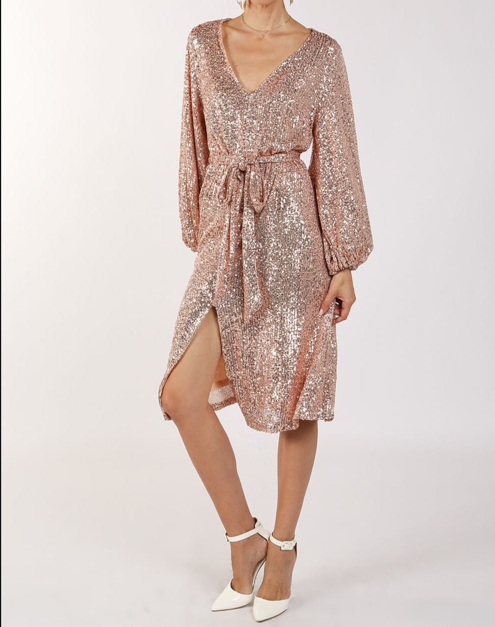 Miles Sequin V-Neck Midi Dress - BTK COLLECTIONS