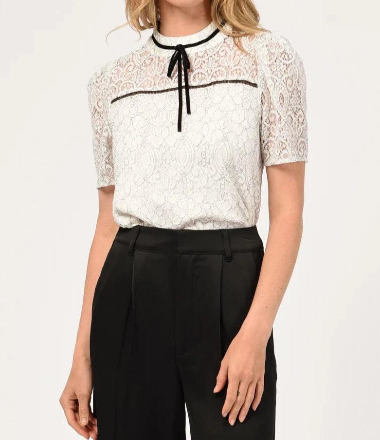 Nelli PuffAdelyn Rae Nelli puff sleeve lace top with high neck and black ribbon detail
