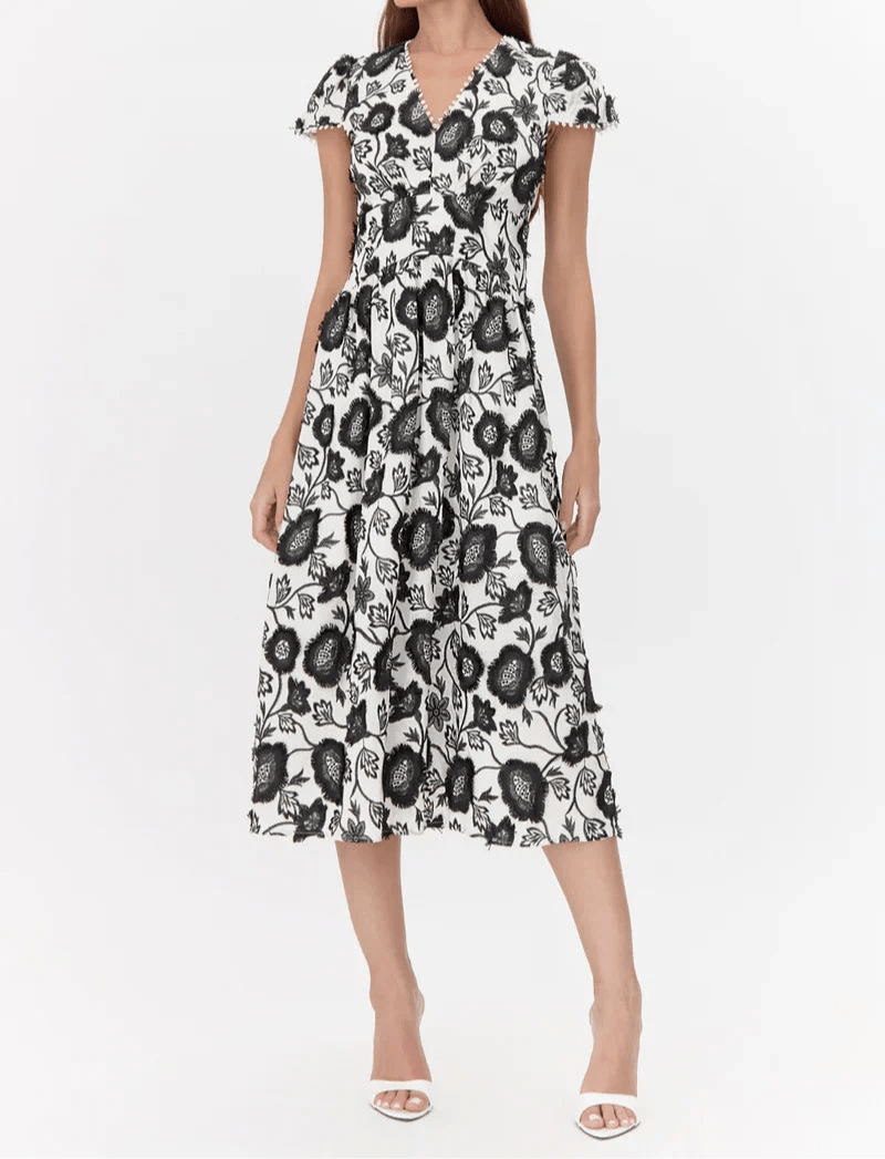 Nori 3D Embroidered Midi Dress by Adelyn Rae – Black Floral Embroidery on White, Short Sleeve, V-Neck, Flowy Silhouette

