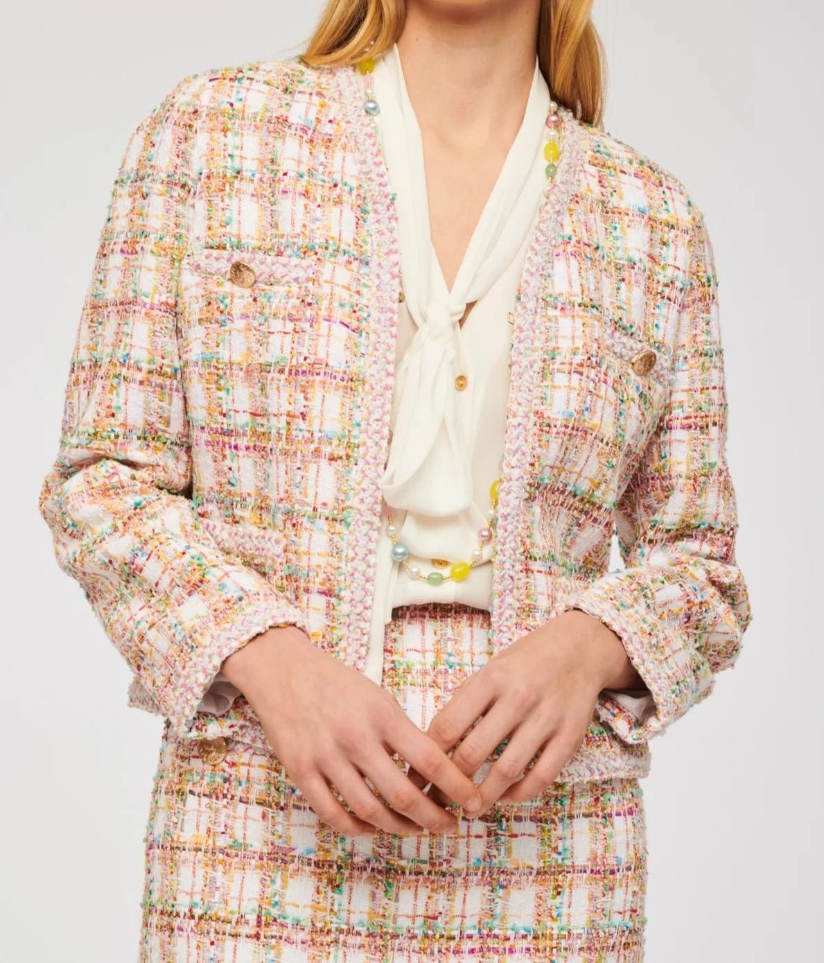 Weill Paris pastel tweed jacket with open front and refined texture