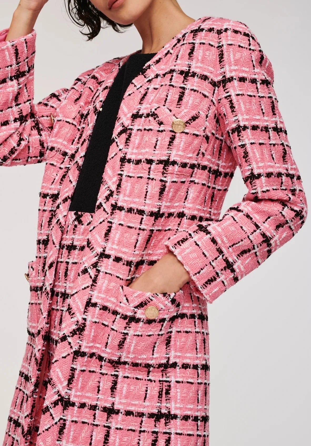 Pink Long tweed check jacket - BTK COLLECTIONS