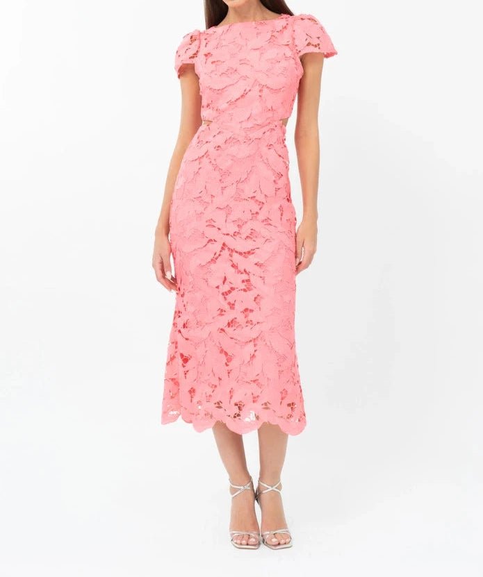 Full view  of Portia Bubblegum Pink 3D Floral Lace Cap Sleeve Midi Dress with scalloped hem