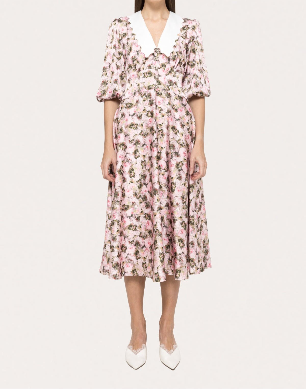 Model wearing vintage-inspired pink floral puff sleeve midi dress with white lapel collar - BTK COLLECTIONS
