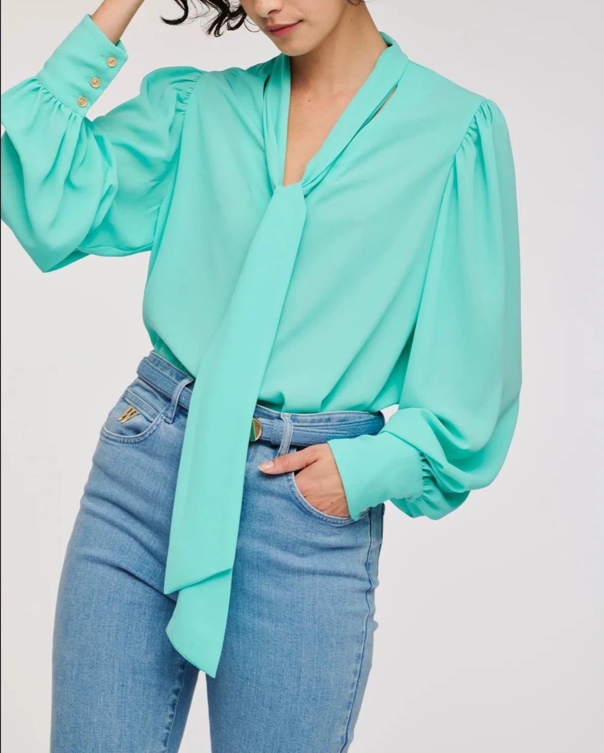 Weill Paris tie-neck blouse styled for work and evening wear