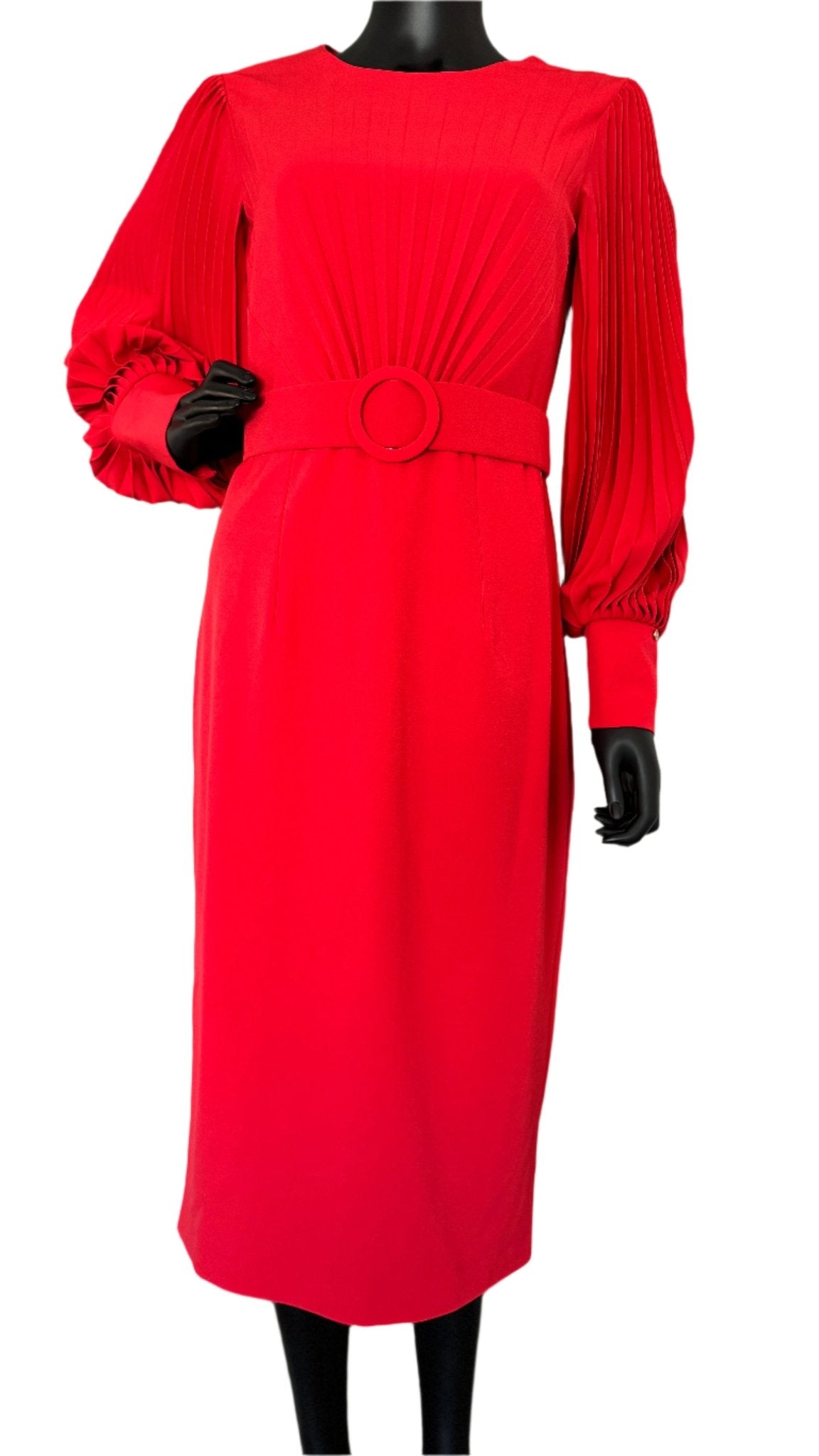 Red Belted Pencil Midi Dress - BTK COLLECTIONS