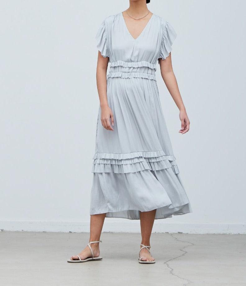 Ruffled Satin V - Neck Dress - BTK COLLECTIONS