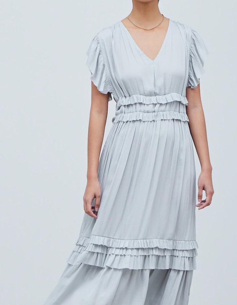 Ruffled Satin V - Neck Dress - BTK COLLECTIONS