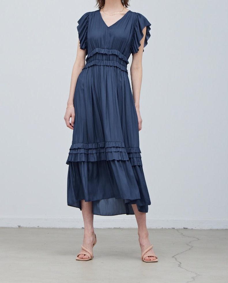 Ruffled Satin V - Neck Dress - BTK COLLECTIONS