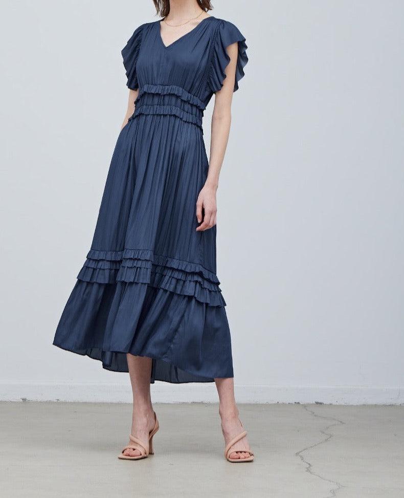 Ruffled Satin V - Neck Dress - BTK COLLECTIONS