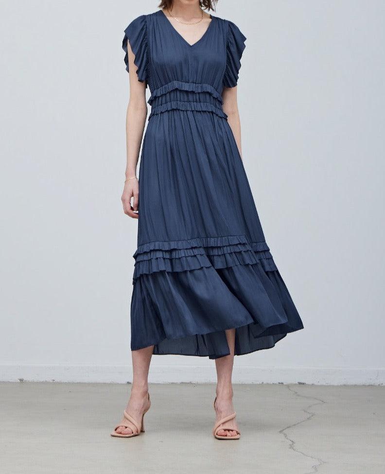 Ruffled Satin V - Neck Dress - BTK COLLECTIONS