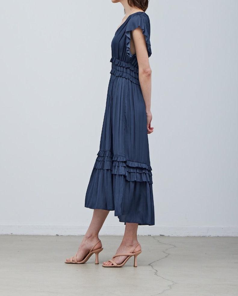 Ruffled Satin V - Neck Dress - BTK COLLECTIONS