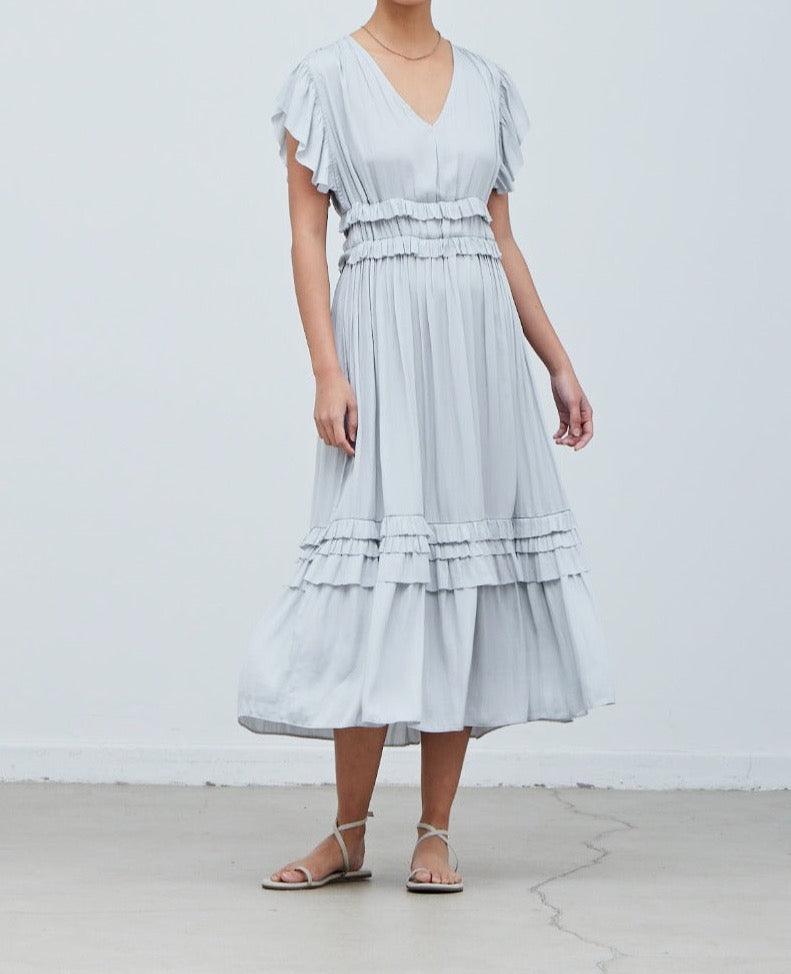 Ruffled Satin V-Neck Dress - BTK COLLECTIONS