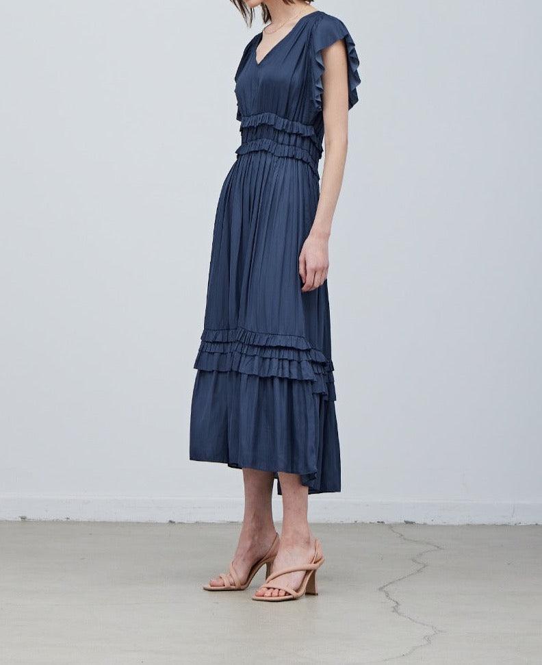 Ruffled Satin V - Neck Dress - BTK COLLECTIONS