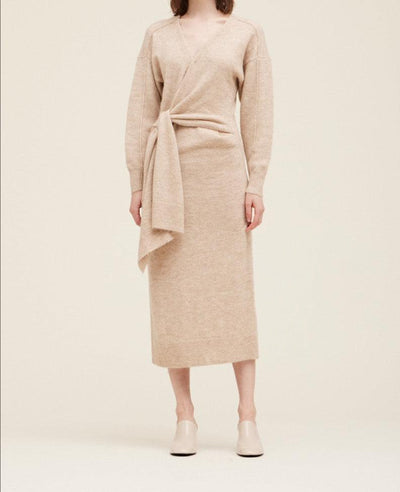 Side tie sweater dress by Grade & Gather in oat, featuring a flattering midi silhouette with long sleeves