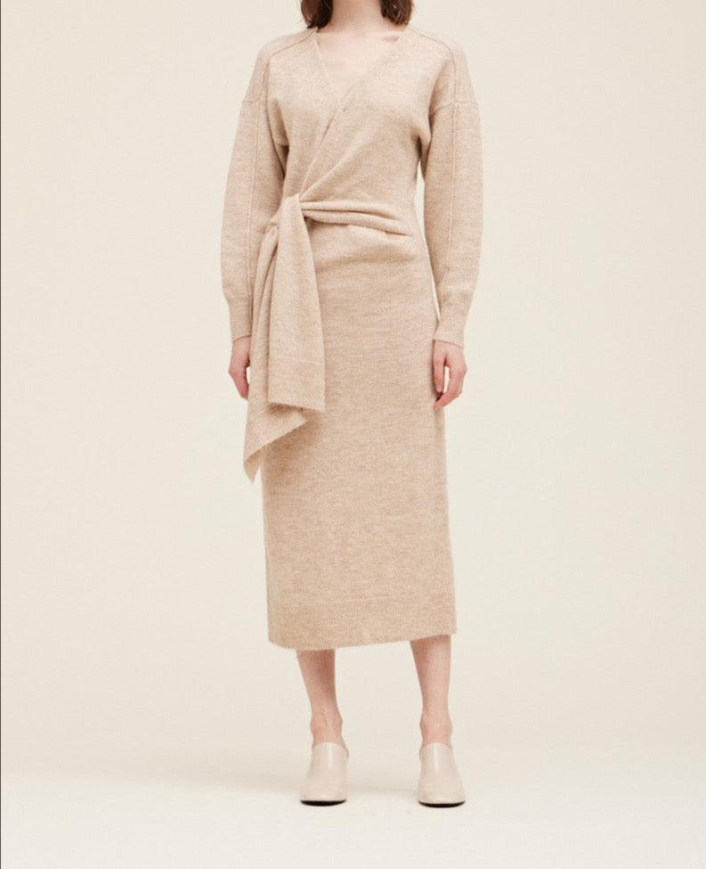 Side tie sweater dress by Grade & Gather in oat, featuring a flattering midi silhouette with long sleeves