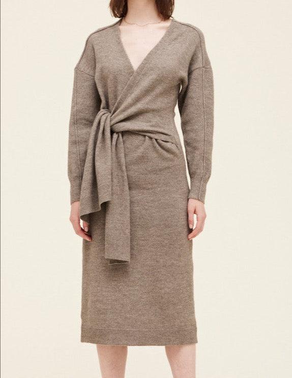 Field grey side tie sweater dress showing side tie  waist detail and clean knit finish