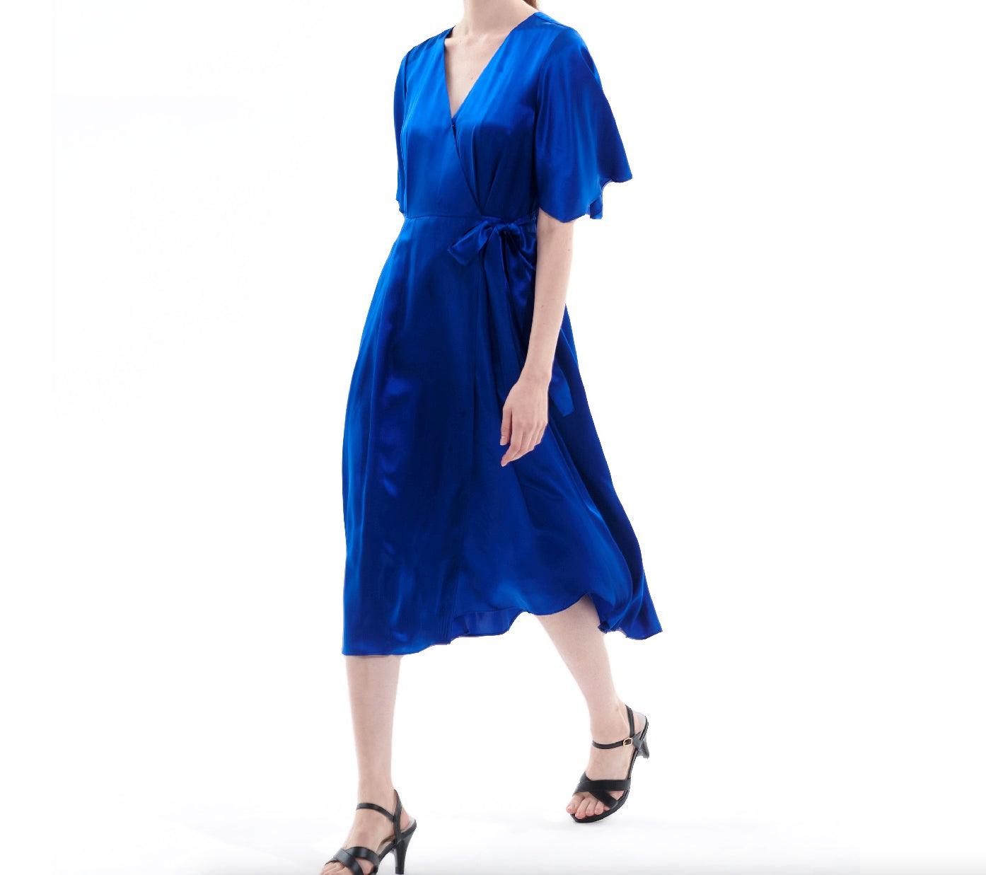 Silk Satin Blue Wrap Midi Dress - BTK COLLECTIONS