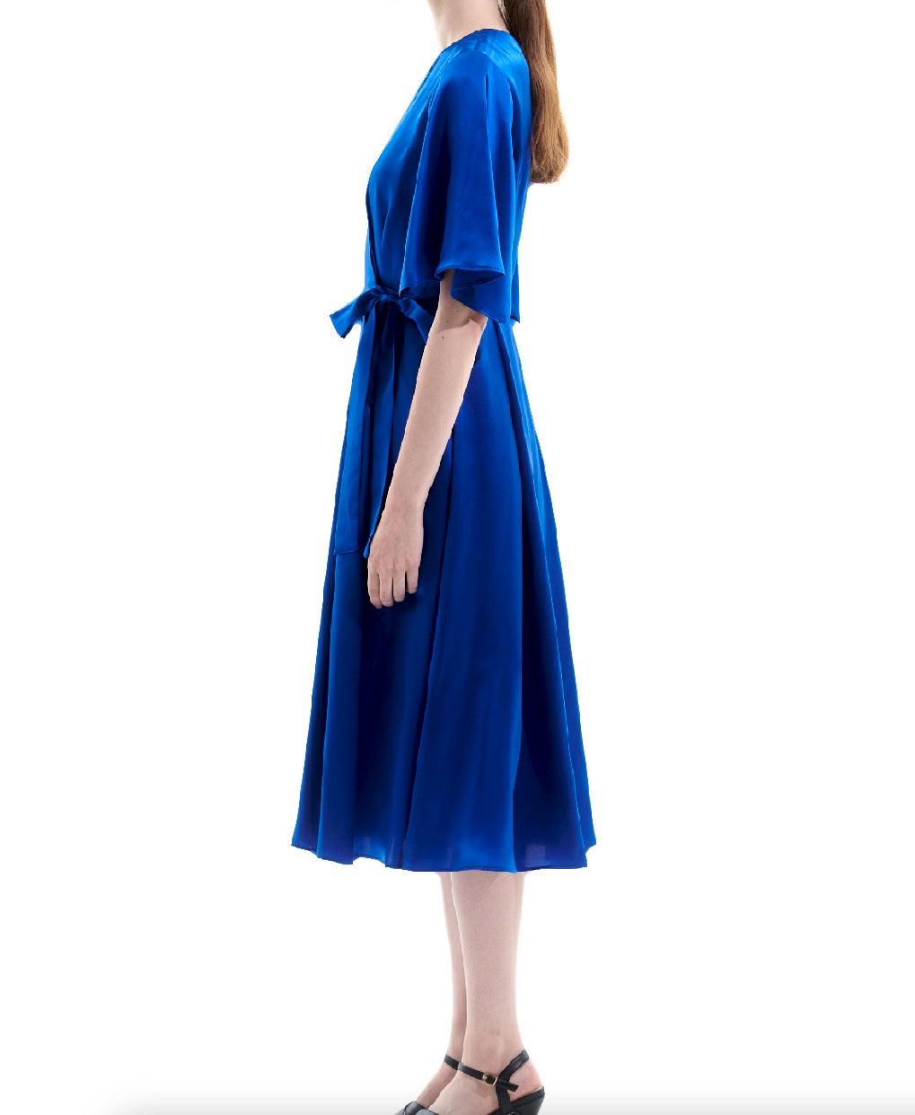 Silk Satin Blue Wrap Midi Dress - BTK COLLECTIONS