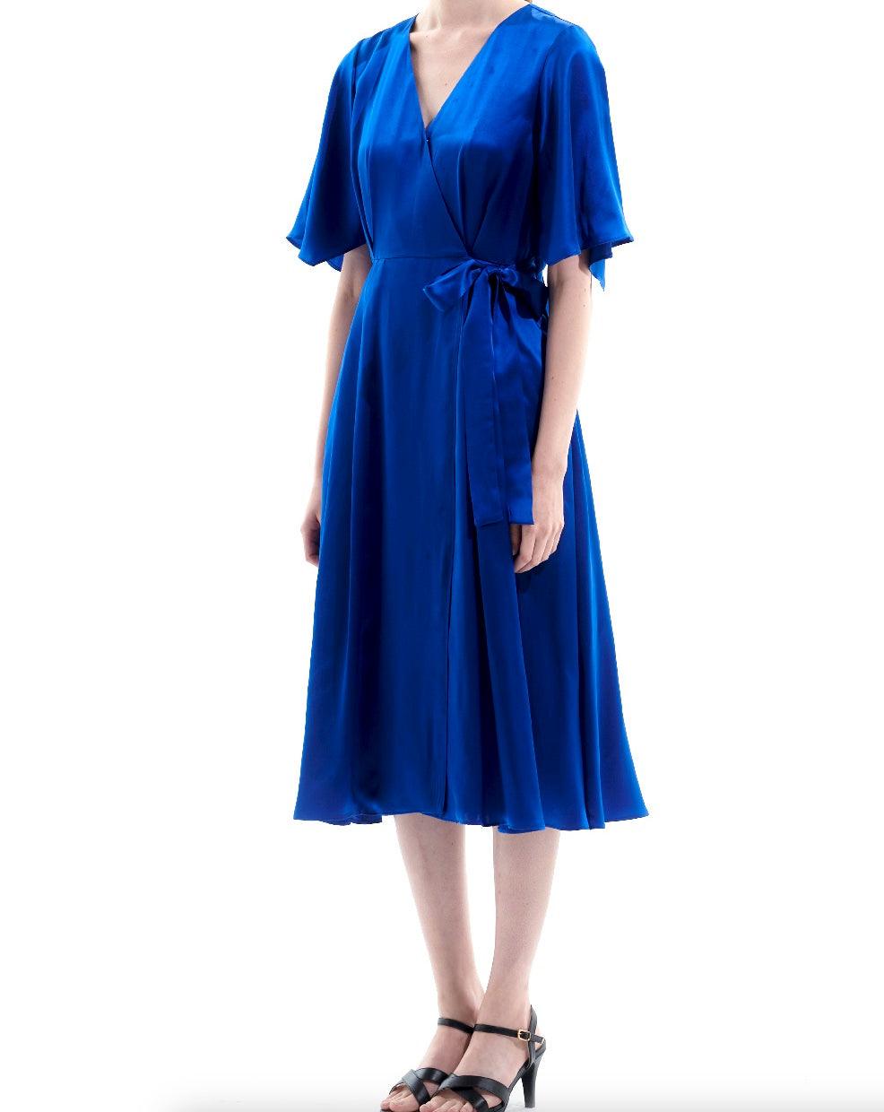 Silk Satin Blue Wrap Midi Dress - BTK COLLECTIONS