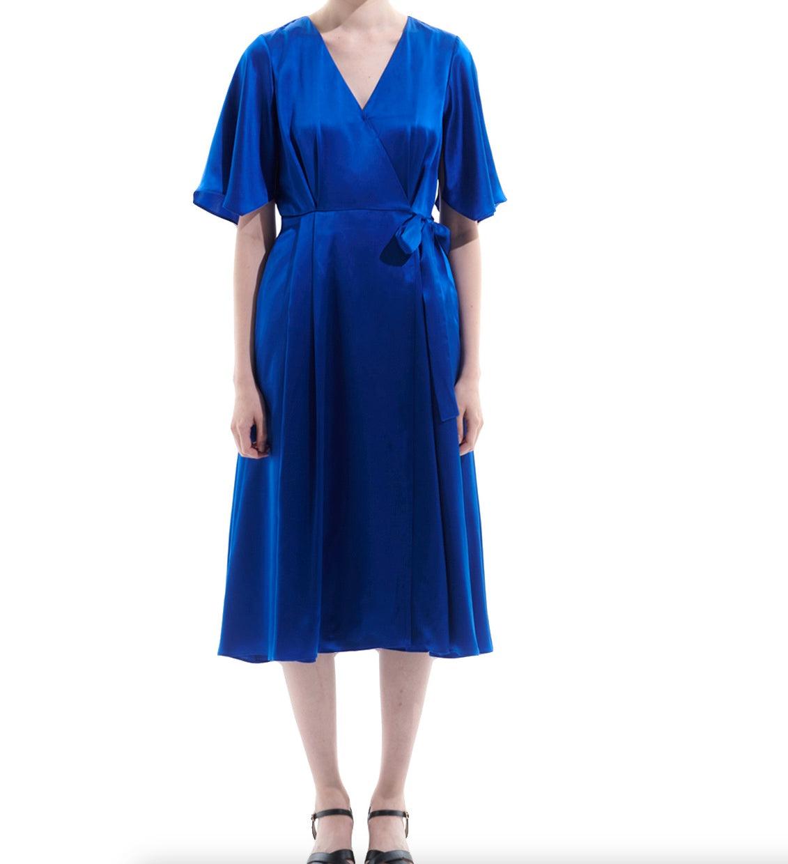 Silk Satin Blue Wrap Midi Dress - BTK COLLECTIONS