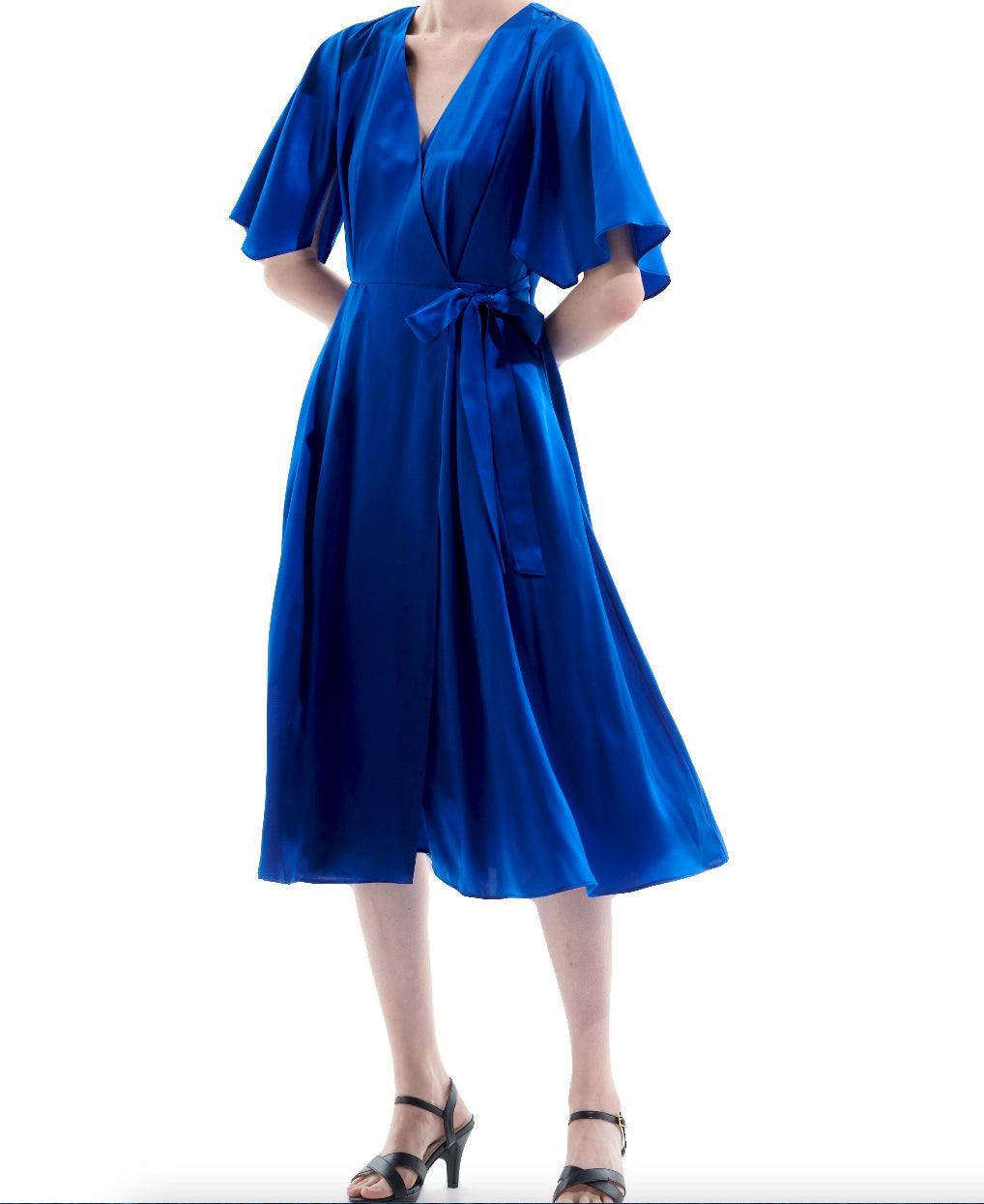 Silk Satin Blue Wrap Midi Dress - BTK COLLECTIONS